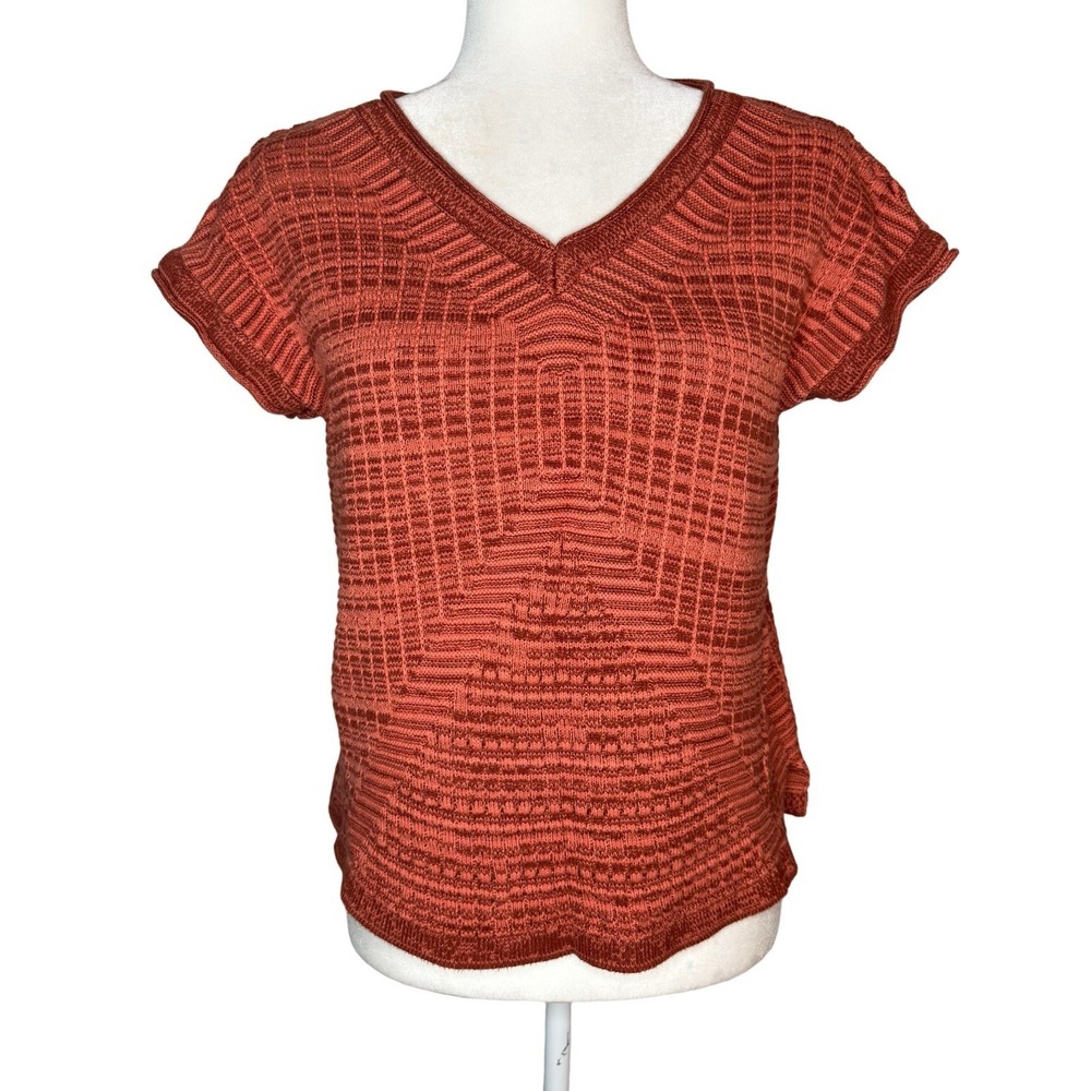 Garnet Hill 100% Organic Cotton Knit Short Sleeve V-Neck Shirt Top Rust Boho